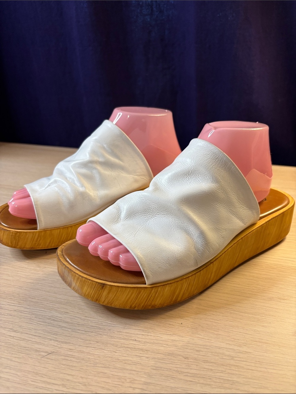 L'INTERVALLE White Leather Slide Mules with Wood-Effect Platform Made in Italy - Picture 3 of 7